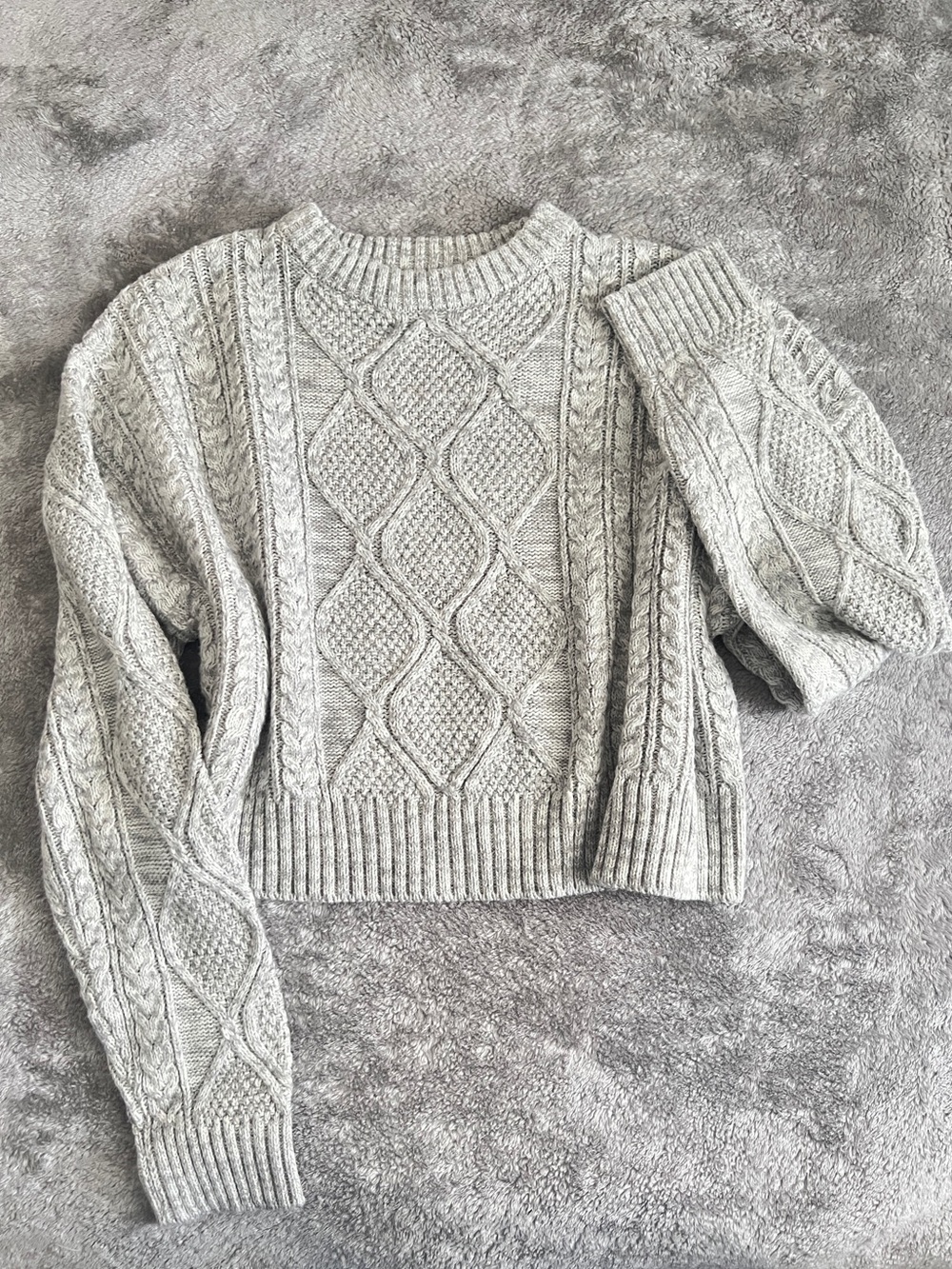 refuge Light Gray Cropped Cable Knit Crew Sweater